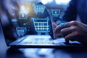 Online shopping experience.  Hands interacting with a laptop,  digital shopping cart icons overlaying the screen