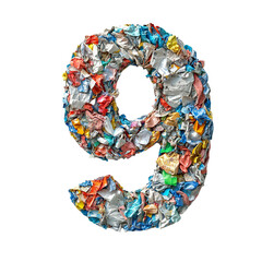 Top view of a 3D number 9 made of garbage isolated on a white transparent background