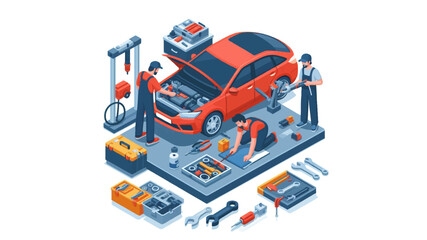 isometric view flat vector of a mechanic repairing a car 