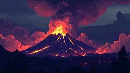 A volcanic eruption with glowing lava against a dark, smoke-filled sky pic