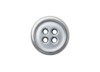 Silver sewing button with four holes on transparent background. Macro shot.