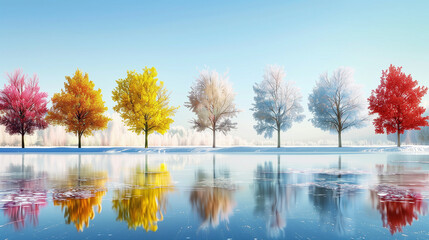 A row of trees with different colored leaves are reflected in the water. The scene is serene and peaceful, with the trees standing tall and proud in the winter landscape. The water is calm and still