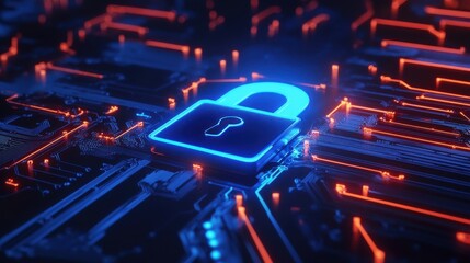 3D rendering of a blue, glowing padlock icon on a circuit board background with a data flow concept