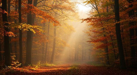 Obraz premium Autumn Forest Path, Sunbeams & Fog AI Generated