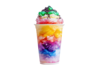 Colorful shaved ice dessert in a plastic cup, topped with sprinkles. Refreshing summer treat.