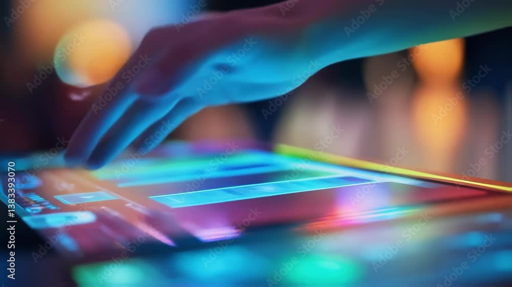 Poster close up of a hand navigating a colorful interactive touchscreen, suggesting engagement with cutting