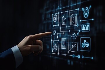 Modern business interface with interactive elements. Hand pointing to various icons representing processes, data, and team collaboration