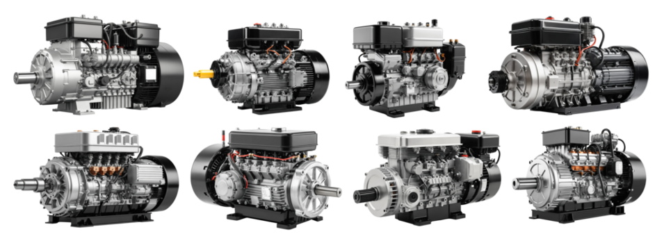 Collection of electric motors isolated on transparent background. 
