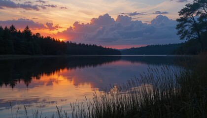 Obraz premium Serene Sunset Over Tranquil Lake Surrounded by Lush Forest
