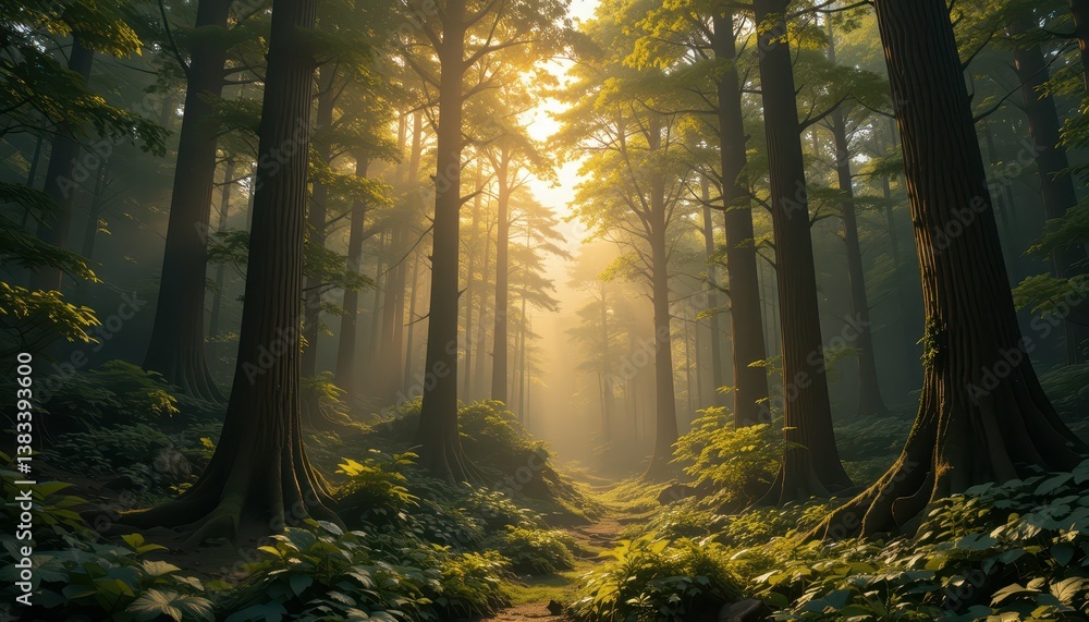 Poster sunlight filters through trees in a serene forest environment