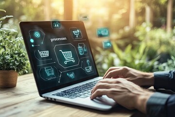 Laptop displaying e-commerce process flows in a garden setting