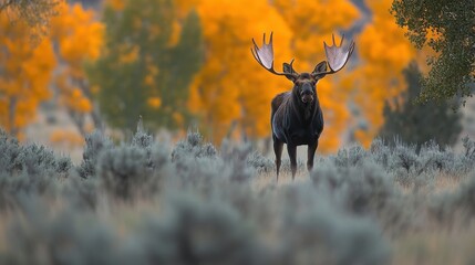 Shiras moose standing in sagebrush with autumn colors in background