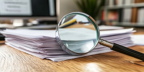 Magnifying Glass on Stack of Documents: Detailed Examination of Paperwork for Accuracy