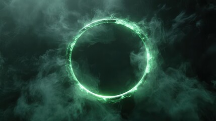 An abstract, glowing green circle with smoke on a dark background, a fantasy element for design