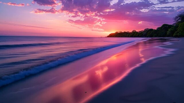 Majestic Sunset Beachscape: Vibrant Hues of Pink and Purple paint the Coastal Scene at Dusk