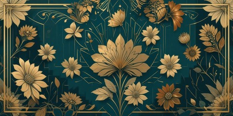  Roaring Twenties Abstract Floral with Geometric Shapes Luxurious Gold An Art Deco Background