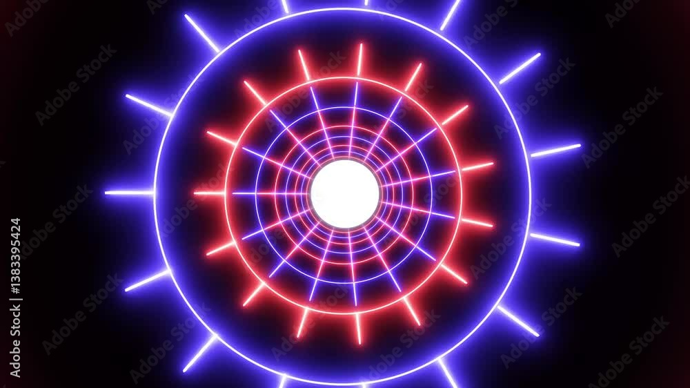 Poster 4k neon glowing circle tunnel with light lines on a transparent background. neon glowing triangle tu