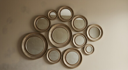 Round Mirrors Of Varying Sizes Arranged On An Oatmeal Colored Wall