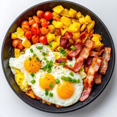 Hearty Breakfast Skillet with Fried Eggs, Crispy Bacon, Roasted Tomatoes, and Golden-Brown Potatoes