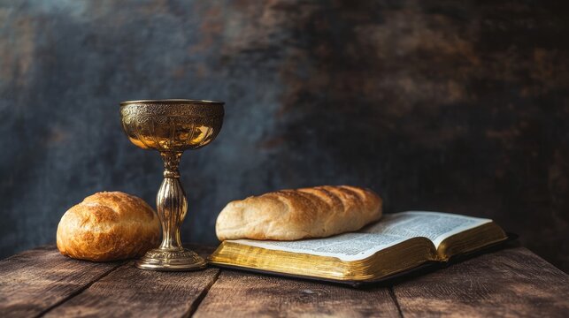 Chalice, bread, and Bible on a wooden table. Concept of a holy supper to celebrate Mass or Easter in a church setting