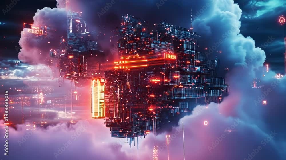 Poster futuristic server structure glowing with neon lights, floating in a cloudy night sky, symbolizes clo