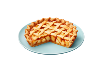 Delicious apple pie with lattice crust on a blue plate. Traditional dessert, baked treat.