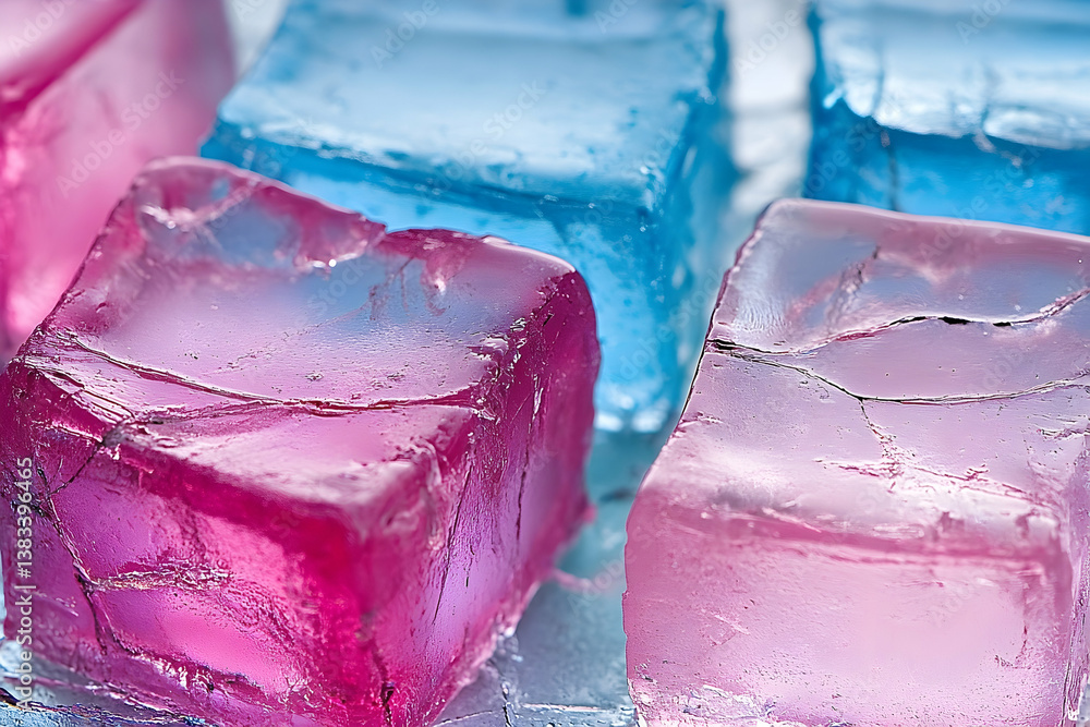 Poster various colorful translucent ice cubes close up view showing detail
