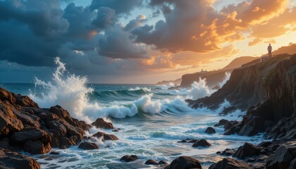 Obraz premium Majestic Ocean Waves Crashing on Rocky Shore at Sunset
