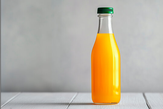 Jugo de naranja fresco en una botella de cristal, aislada de un fondo gris