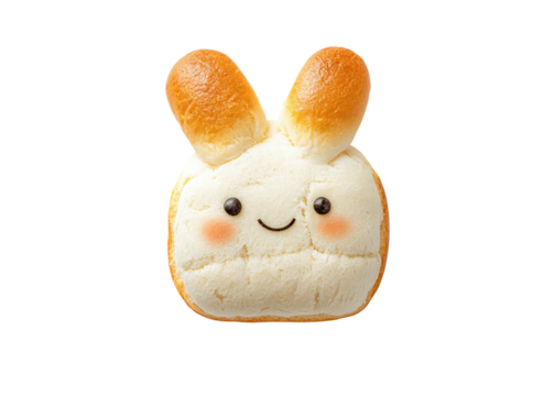 Cute rabbit shaped bread with a smiling face. Concept of food, bakery, and kawaii.