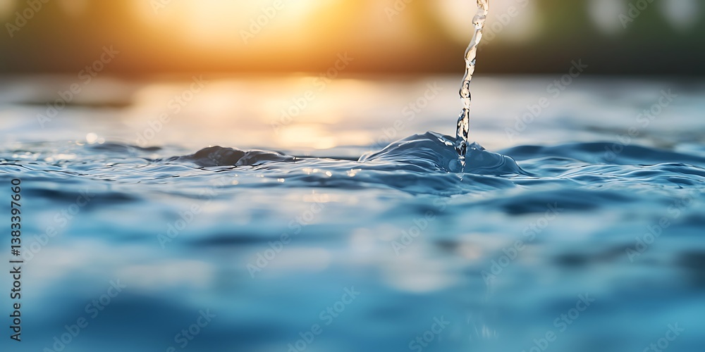 Poster a close-up view of water droplets splashing in a serene setting, with sunlight reflecting off the su