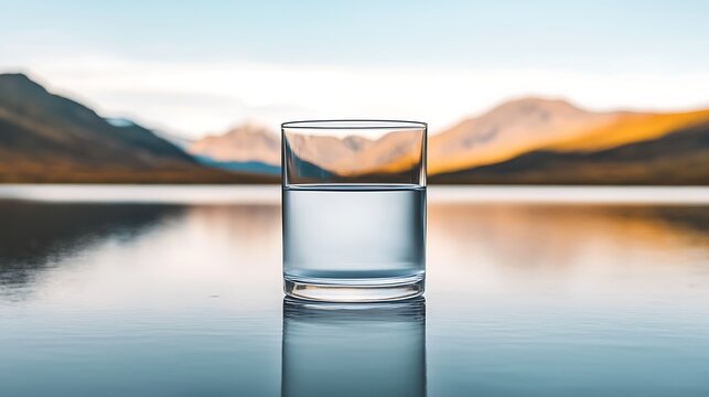 A clear glass of water sits on a reflective surface, with mountains and a serene sky in the background, creating a tranquil and beautiful landscape. - Powered by Adobe