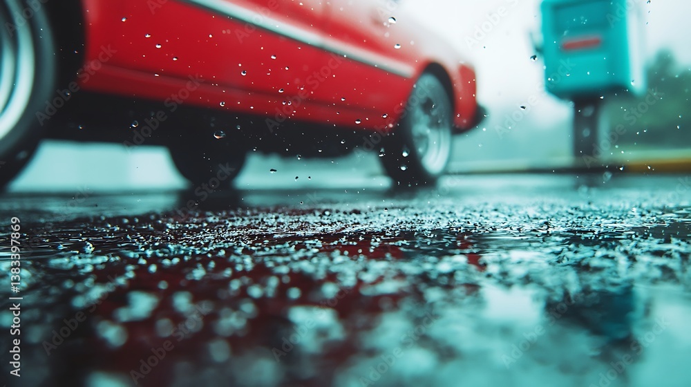 Poster a vibrant red car is parked on a wet surface, with raindrops creating a reflective pattern, while a 
