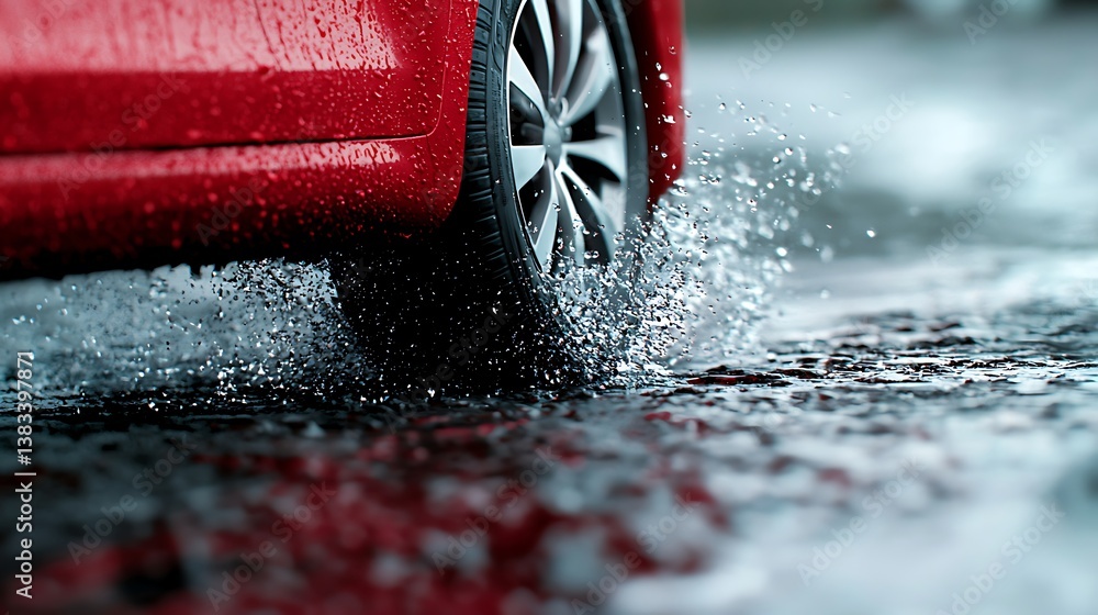 Poster a close-up of a red car's tire splashing water on a wet road, capturing the dynamic motion and rain-