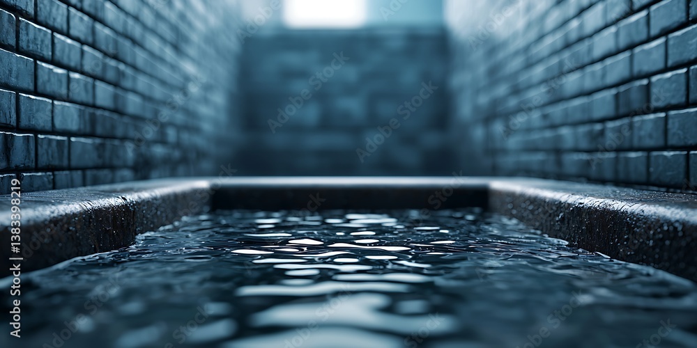 Poster a serene waterway flows between textured brick walls, creating a tranquil atmosphere with soft refle
