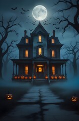 Spooky Haunted House with Glowing Pumpkins and Full Moon Halloween Wallpaper

