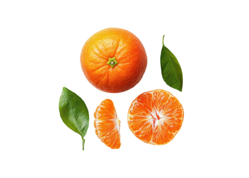 Fresh tangerines with leaves, half tangerine and a slice on a transparent background. Concept of healthy eating, vitamins, and citrus fruits.