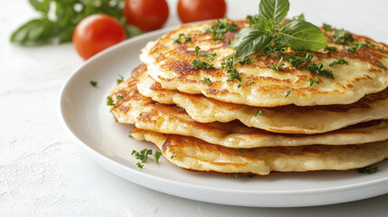Delicious stack of golden pancakes garnished with fresh herbs and tomatoes