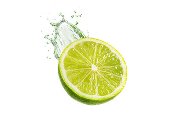 Fresh lime slice with water splash on transparent background. Concept of freshness, citrus, and healthy eating.
