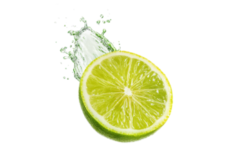 Fresh lime slice with water splash on transparent background. Concept of freshness, citrus, and healthy eating.