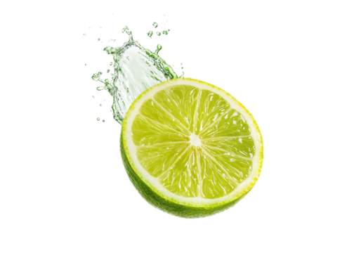 Fresh lime slice with water splash on transparent background. Concept of freshness, citrus, and healthy eating.