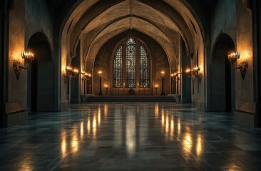 Grand Gothic Chapel Interior with Candles and Stained Glass Window