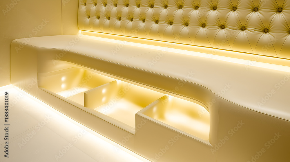 Poster a modern bench with ambient lighting. the bench is constructed with soft, neutral tones and a padded