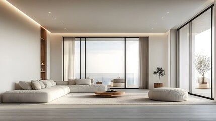 Fototapeta premium Scandinavian-style minimalist home, open-plan layout, white and wood accents, natural light, empty space, tranquil vibe