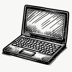 Vintage laptop illustration in black and white  