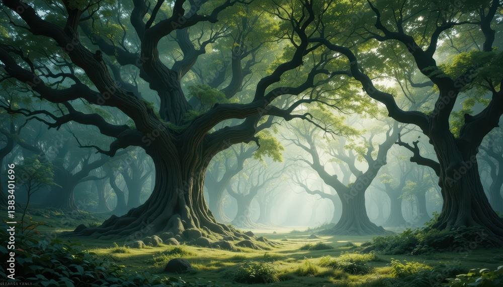 Poster enchanted forest with ancient trees and sunlight filtering through