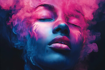 A woman with closed eyes surrounded by colorful smoke swirls
