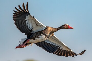 Wild geese and a black vulture with wide wings fly in the blue sky, showcasing nature's flying birds