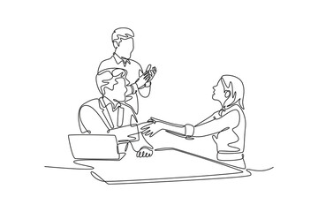 businesswoman shaking hands with businessman while their colleagues clapping hands. Agreement business concept. Single line draw design. Vector graphic illustration