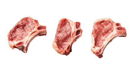 Three raw lamb loin chops with bone display fresh red meat cuts ready for cooking isolated on a transparent background.